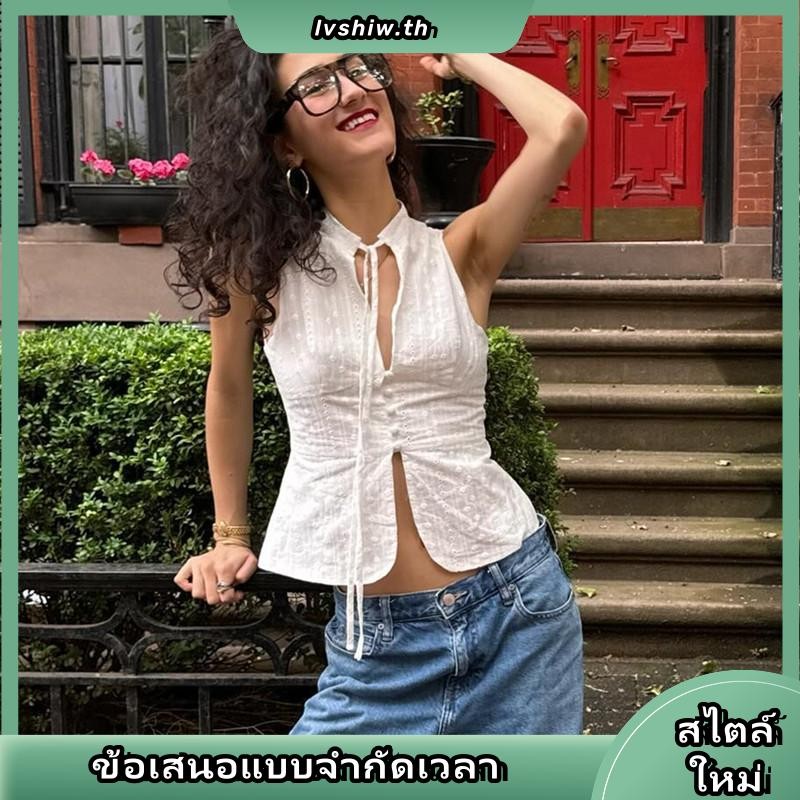 Hanie House- เสื้อกล้ามปักคัตเอาท์คอจําลองแขนกุดสําหรับผู้หญิง