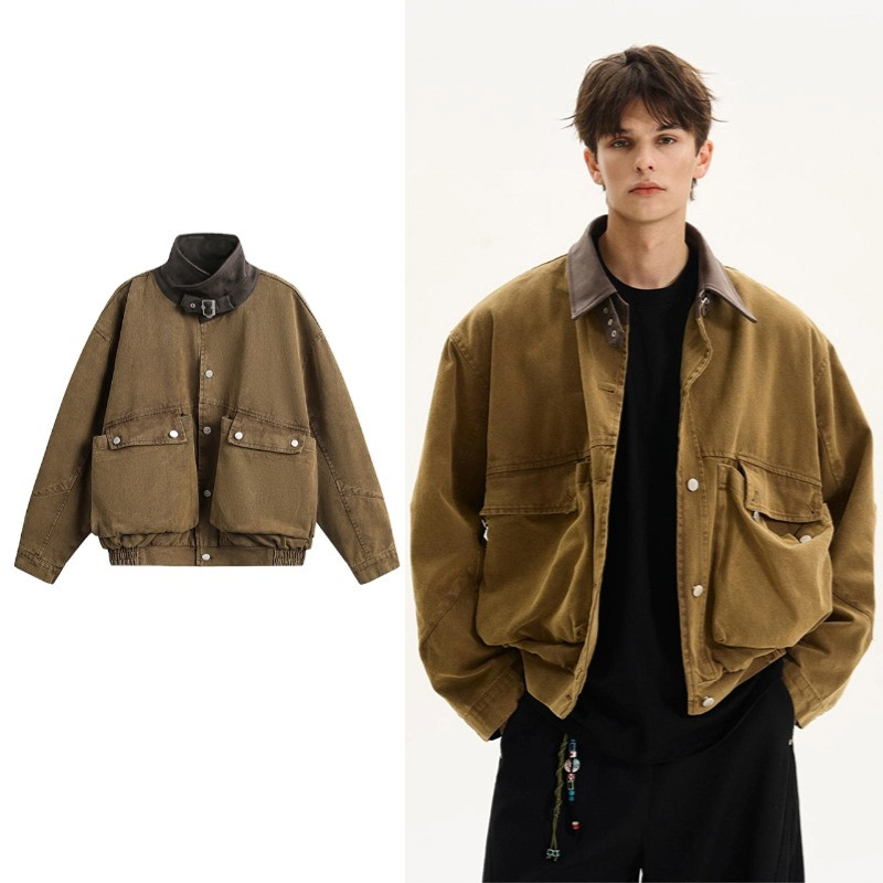 เสื้อแจ็คเก็ตหนังสไตล์อเมริกันย้อนยุค SUIKONE พิมพ์แพทช์วอร์ค สำหรับฤดูใบไม้ร่วง แบบ.Unisex