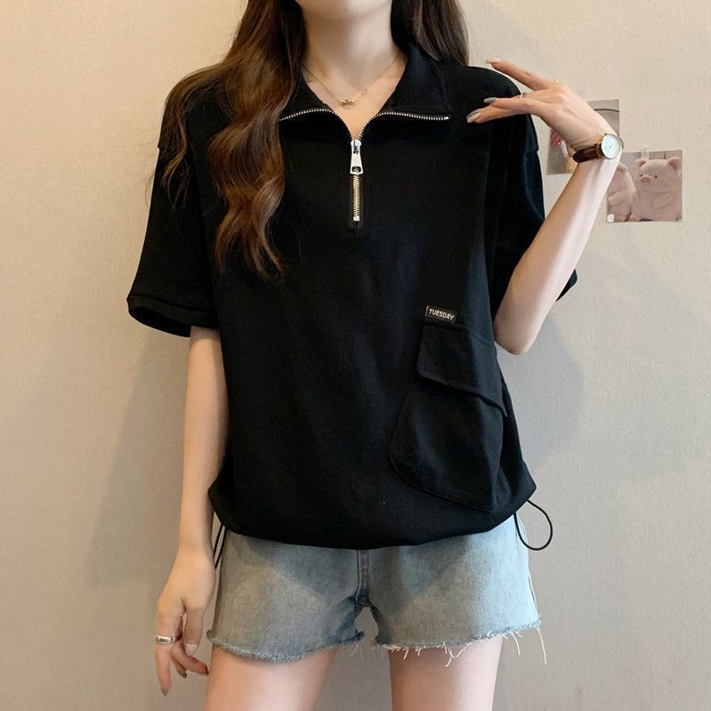 ขนาดใหญ่เสื้อโปโลซิปแขนสั้นเสื้อยืดผู้หญิงฤดูร้อนการออกแบบความรู้สึก Chic Slimmer ดู All-Match Drawstring ปกไขมันไขมันด้านบน pulssize เสื้อยืดขนาดใหญ่