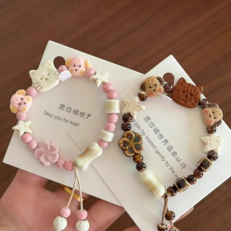 สร้อยข้อมือลูกแมวบิสกิตเซรามิกลูกสุนัขที่ดูดีเพื่อนสไตล์ใหม่คู่เพื่อนที่ดีที่สุดอารมณ์อเนกประสงค์ถักเชือกมือ