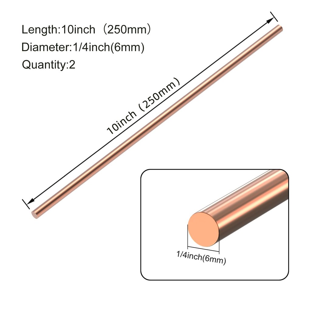 2PCS ทองแดงบริสุทธิ์รอบ Rod, 1/4 "(6 มม.) Dia Rod Solid Copper Bar, 10 "(250 มม.) ความยาวเปลือยทองแด