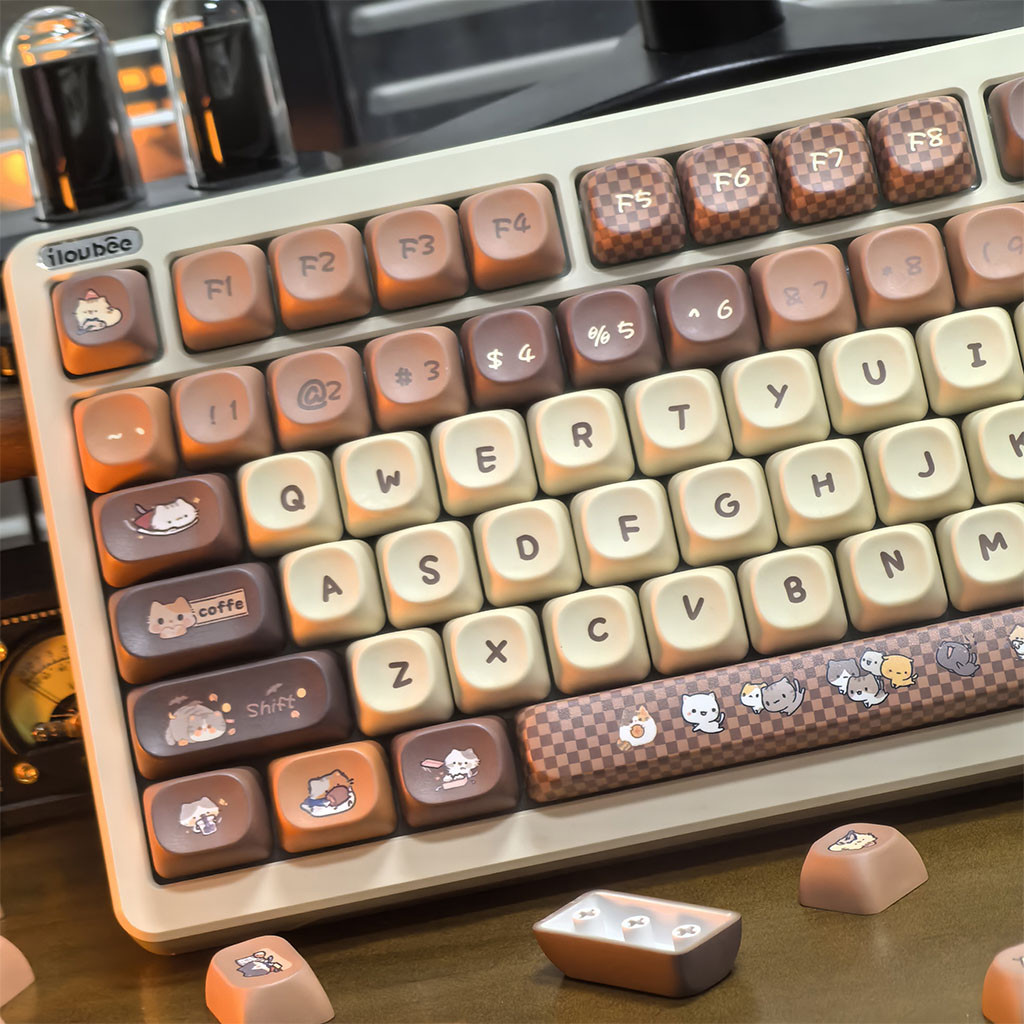 กาแฟ Cat Keycaps 120 คีย์ MOA โปรไฟล์ PBT Dye Sublimation Wooting Aula F75 RK100 Mechanical Keycaps 