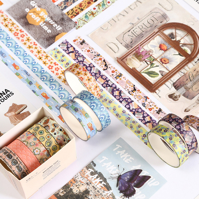 5 ม้วนสัตว์ที่มีสีสันและดอกไม้ชุด Washi สติกเกอร์เทปตกแต่ง DIY วัสดุ Masking Tapes - รูปที่ 5