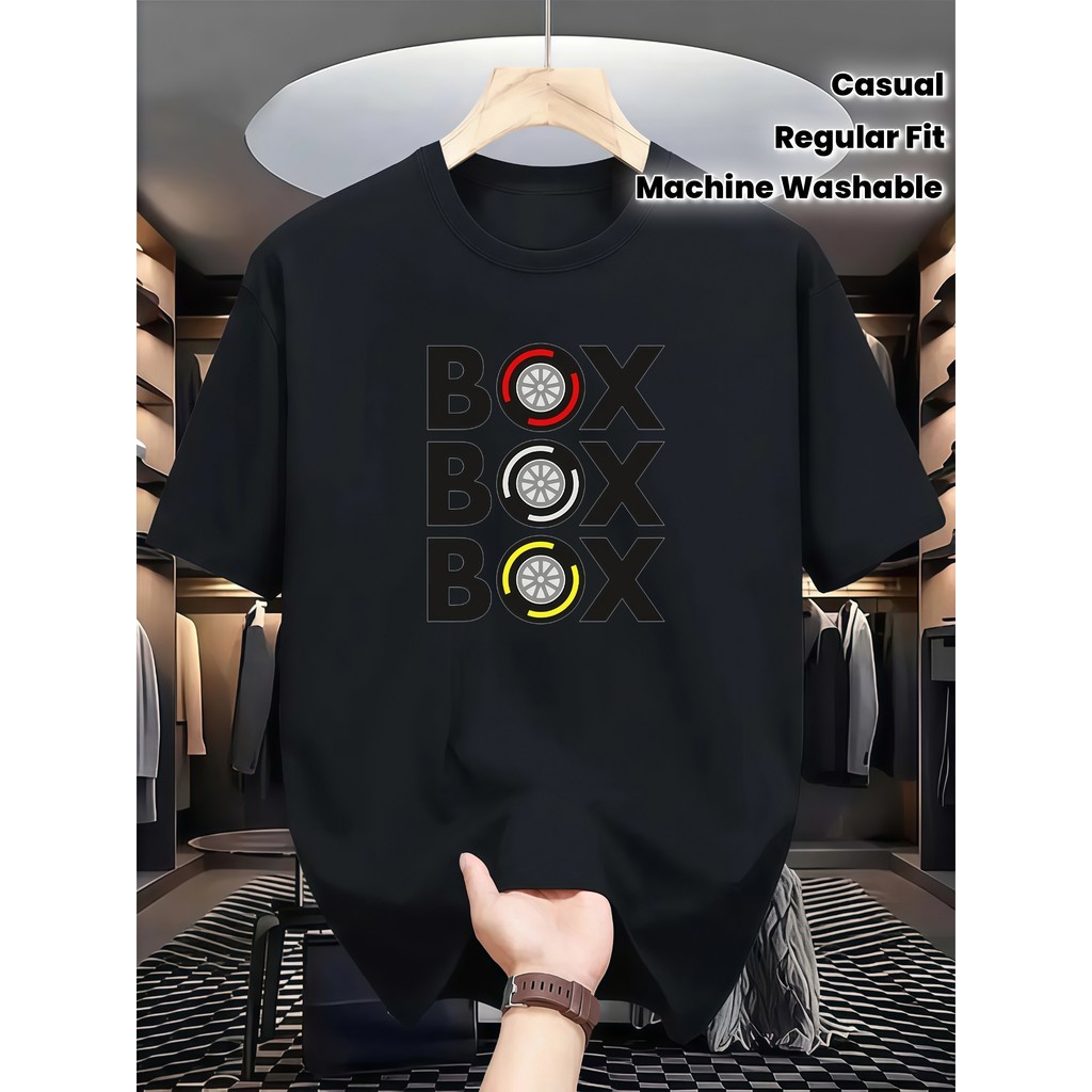 เสื้อยืดลาย F1 Tire สำหรับผู้ชาย ระบายอากาศได้ดีในฤดูร้อน BOX BOX BOX ตัวอักษรแบบสตรีทแวร์