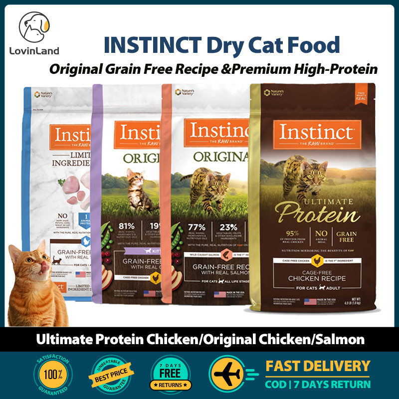 Instinct อาหารแมวแบบแห้ง พรีเมี่ยม สูตรปลอดธัญพืชดั้งเดิมที่มีโปรตีนสุดยอดไก่/เป็ด/ไก่ดั้งเดิม/ปลาแซลมอน 4.5lb/5 lb/10lb/11lb ถุง