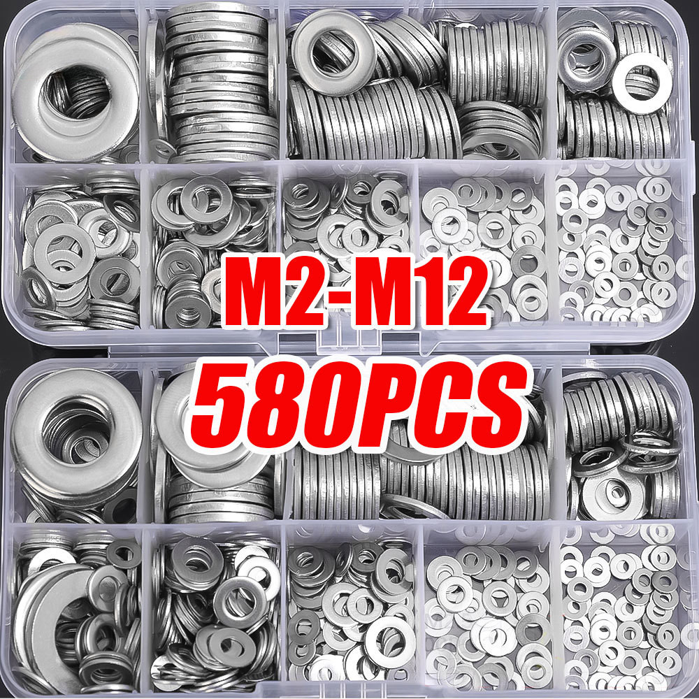 360/580 ชิ้น/กล่องสแตนเลสเครื่องซักผ้าแบน/M2 M2.5 M3 M4 M5 M6 M8 M10 ปะเก็นแหวนชุด/โลหะสกรู Bolt ปะเก็น