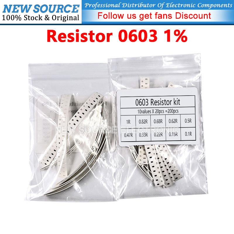 [200 ชิ้น] 0603 ตัวต้านทาน SMD ชุดสารพัน 10 ค่าX 20 ชิ้น 1% 0.1R 1R 0.47R 0.33R 0.68R 0.15R Ohm