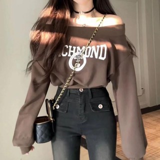 PH Korean Off-Shoulder Long Sleeve Hoodie Oversized Cropped Top with Letter Print