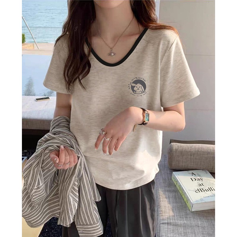 เสื้อยืดผู้หญิงสไตล์เวสเทิร์น ทรงเพรียว ลายตัดกันสีสดใส สำหรับฤดูร้อน ผ้าฝ้ายบางเบา ออกแบบทันสมัย แขนสั้น