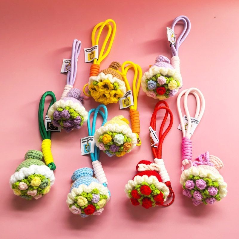 Hanging Decoration Bouquet Bag Rose Hot Sale Yarn Handmade Knitted Pendant Crochet Keychain#Bridal b