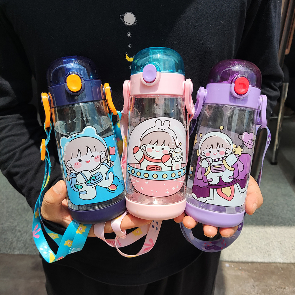 พร้อมส่ง กระติกน้ำเด็ก 430ml. หลอดเด้ง มีสาย กระบอกน้ำเด็กพกพา ขวดน้ำ ลายการ์ตูน BPA Free