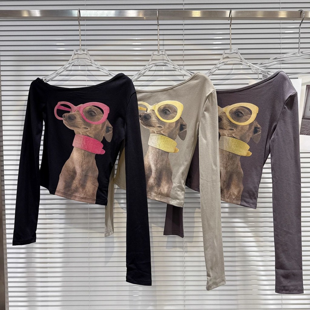 ตุ๊กตาบนเสื้อยืดแขนยาว พิมพ์ลายสุนัข-cartoon แนวคูล