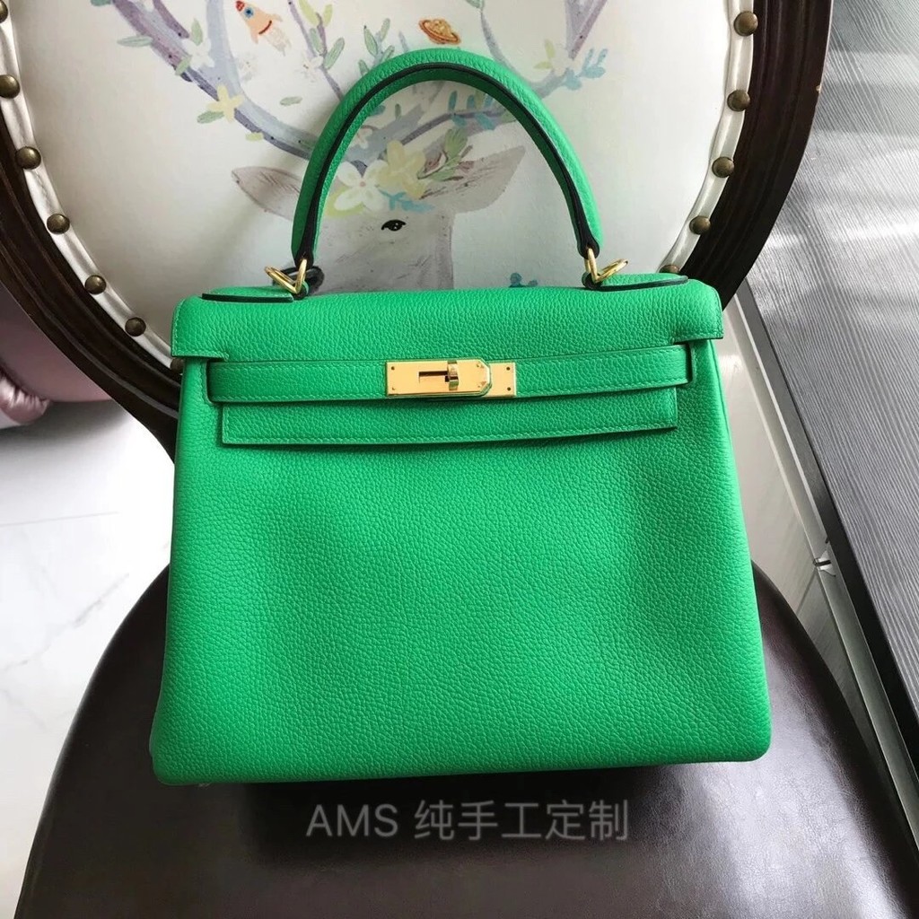 Bamboo Green Kelly 28cm ** Calf togo Leather Gold Buckle All Handmade