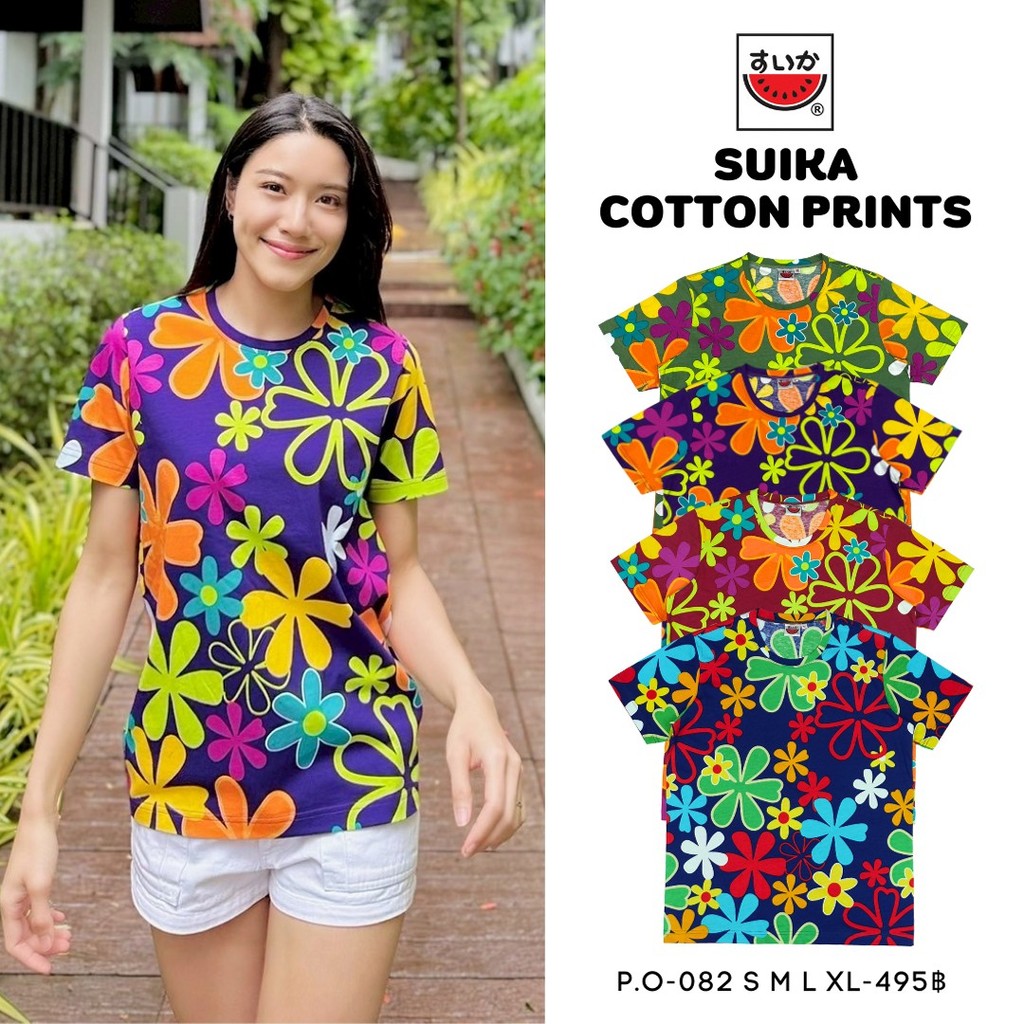 เสื้อแตงโม (SUIKA) - เสื้อยืด คอปาด โปเชียลพิมพ์ลายดอกผักแว่น(P.C-082)