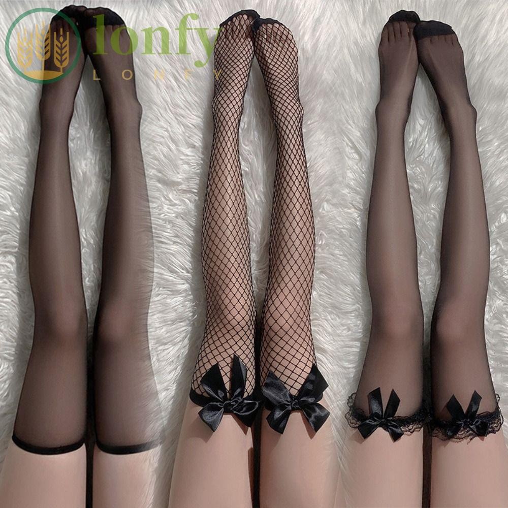 ถุงเท้า Overknee ผู้หญิง สไตล์ Gothic Bowknot Punk ลูกไม้และตาข่าย เหมาะสำหรับ Lolita outfit