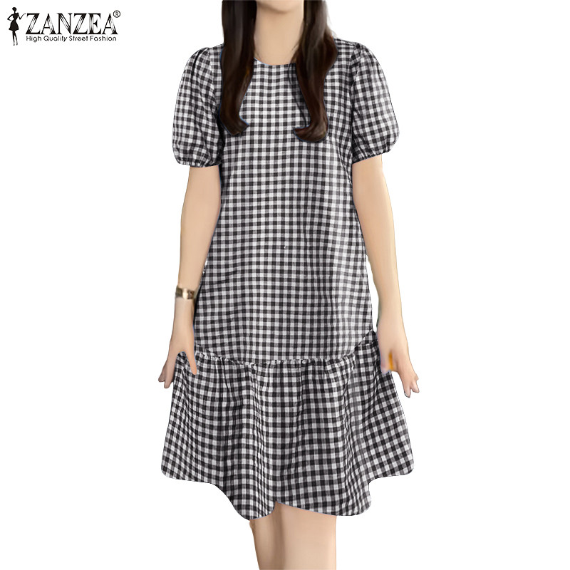 ZANZEA เดรสเชิ๊ตสำหรับฤดูร้อนของผู้หญิง สไตล์เกาหลีย้อนยุค ลายตารางและขอบระบาย