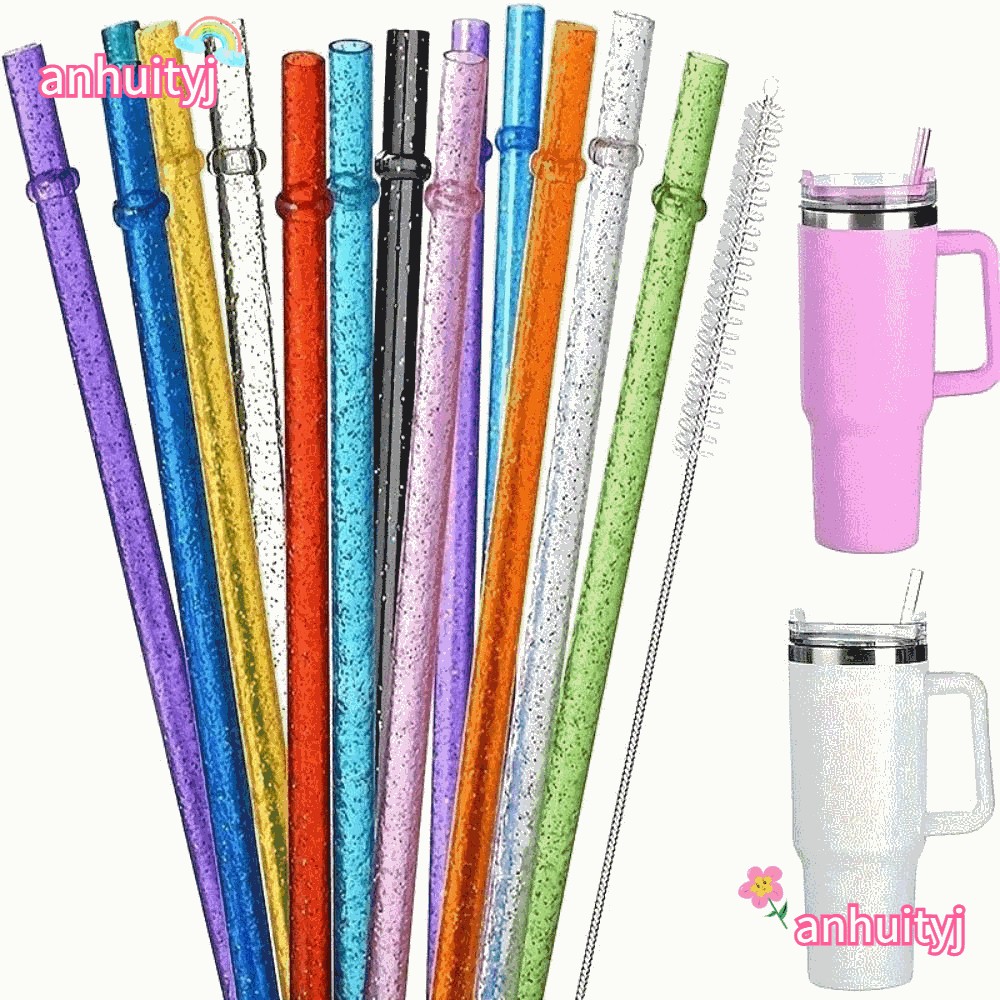 AHUITYJ 1PC Glitter Straw, แบบพกพารถ Travel Cup Straw ผงทองหลอดพลาสติก, พร้อมแปรงทําความสะอาดถ้วยอุป