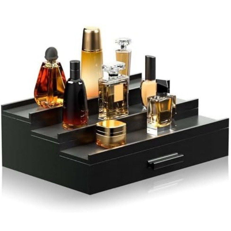 กล่องเก็บของซ่อนบันไดสีดําเครื่องสําอางน้ําหอมที่มีลิ้นชักกล่องเก็บยืนแสดงน้ําหอมไม้ชั้น 34บาท