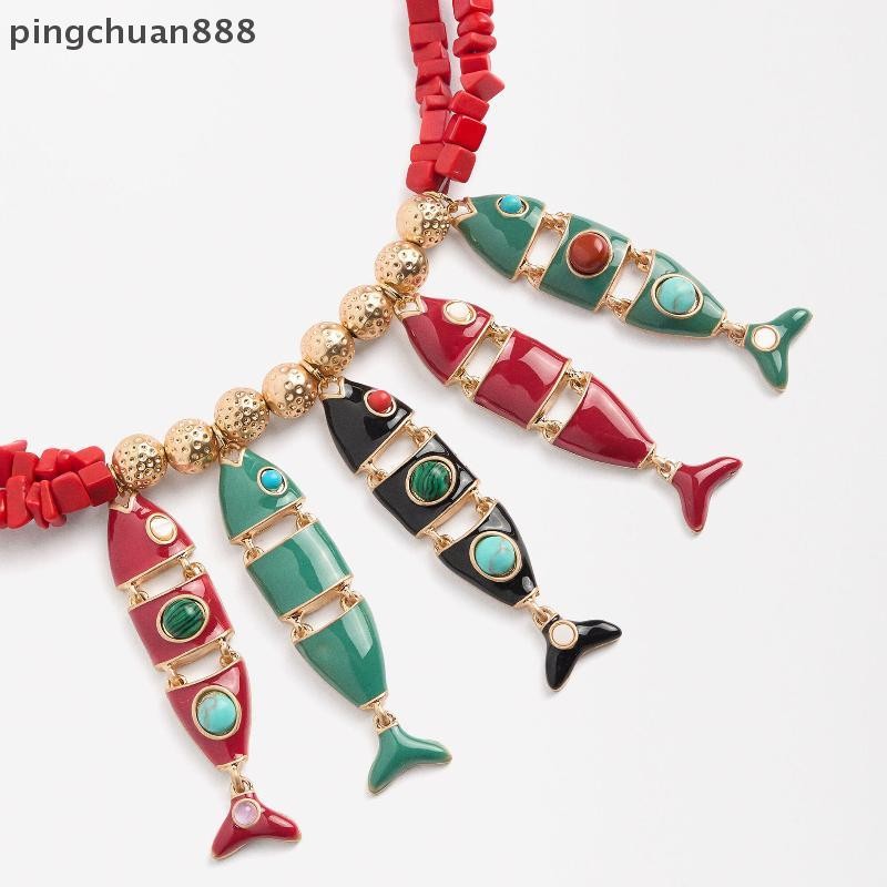 Pingchuan888 Multicolor ปลารูปน้ํามัน Drop จี้สร้อยคอสไตล์โบฮีเมียน Multi Segment ปลา Dangle ต่างหูผ