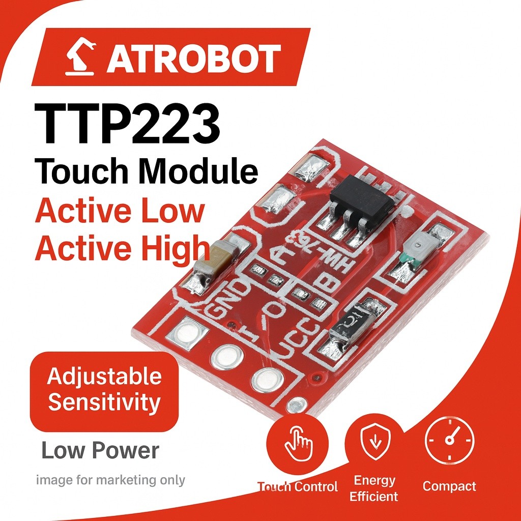 TTP223 Capacitive Touch Switch Module 1-Ch 2-5.5v Low/High Output, Hold/Release Mode, Adjustable Sensitivity, LED, 15x11