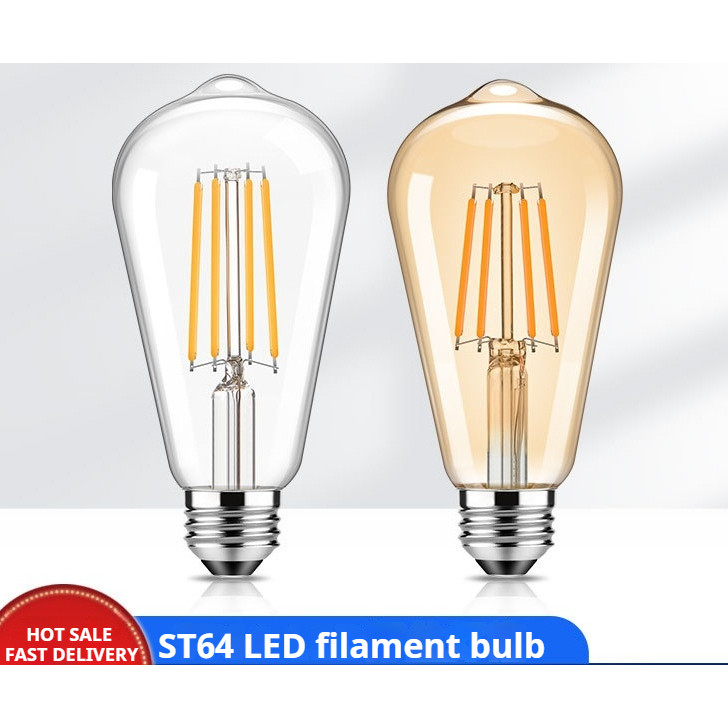 ST64 Edison Retro Filament หลอดไฟสีเหลืองอบอุ่นโคมไฟติดผนังโคมระย้า E27 สกรูขนาดใหญ่หรี่แสงได้ไฟ LED สีน้ําตาล