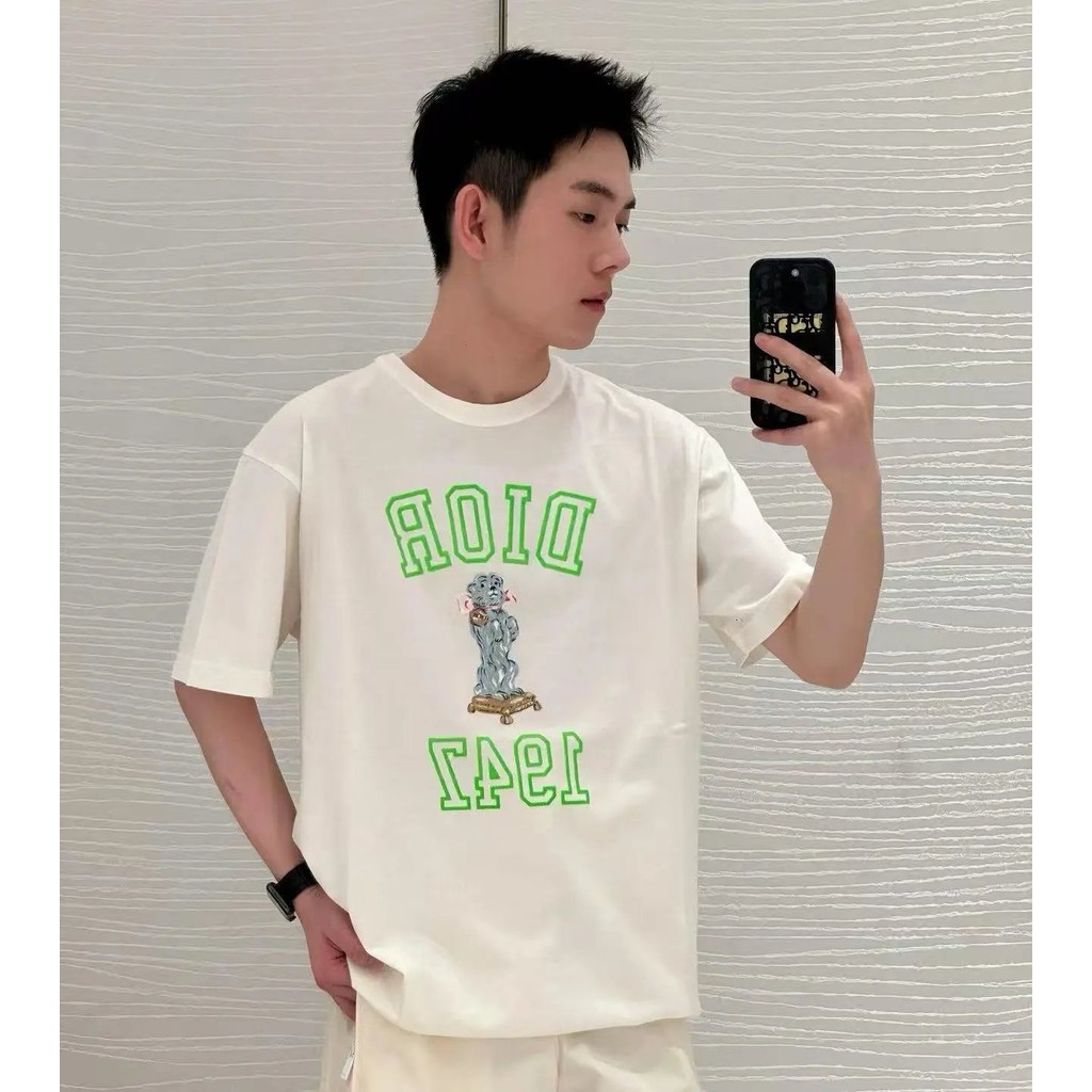 เสื้อยืดแขนครึ่ง CD/DIOR Bobby Dog Flocking สำหรับผู้ชายและผู้หญิง แบบ loose fit