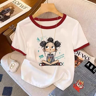 เสื้อยืดคอกลมแขนสั้นลายพิมพ์ตัวอักษรน่ารักสำหรับเด็กผู้หญิงในช่วงฤดูร้อนปี ใหม่สาวอวบใส่ได้ คอกลม เสื้อยืมีหลายสีให้เลือ