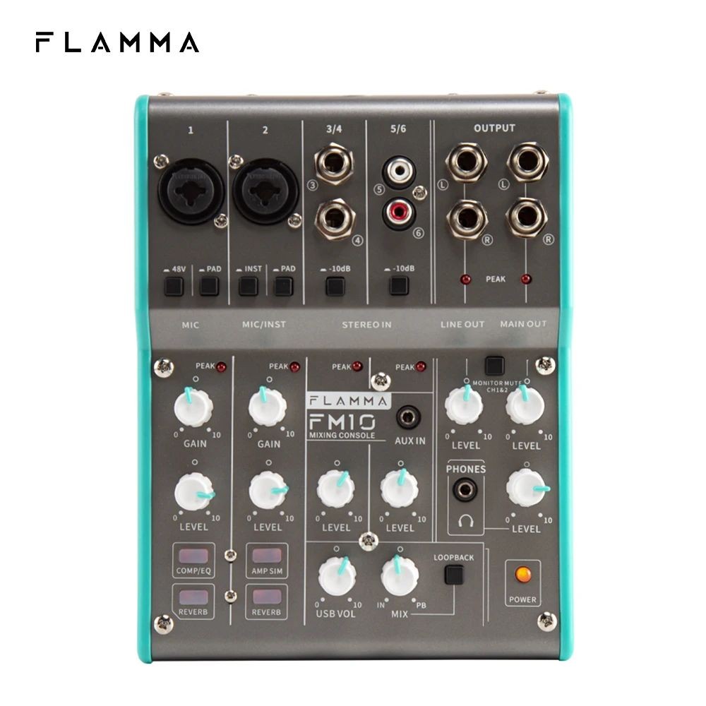 Original FLAMMA FM10 เครื่องผสมเสียงดิจิตอล 6 ช่องผสมคอนโซลการ์ดเสียงอินเทอร์เฟซ USB 48V Phantom Pow