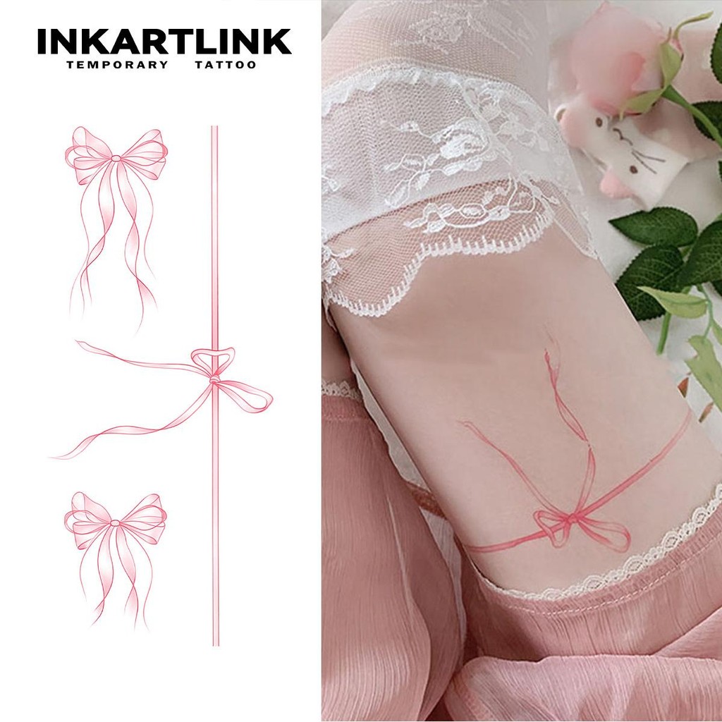 โบว์สีชมพูพร้อมสติกเกอร์รอยสักชั่วคราว สวมใส่ได้นานสูงสุด 3 วัน อุปกรณ์เสริมความงามยอดนิยม