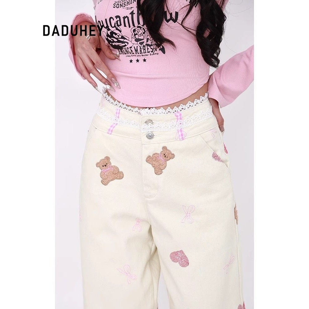 DaDuHey Straight Jeans Women's Korean-Style Retro Bear Embroidery Sweet Girlish Style Wide-Leg Pants | 113