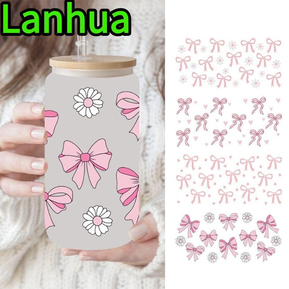 LANHUA Wrap Stickers, Waterproof UV DTF Transfer Stickers, Smooth Pink Bow Decals สําหรับถ้วยแก้ว 16
