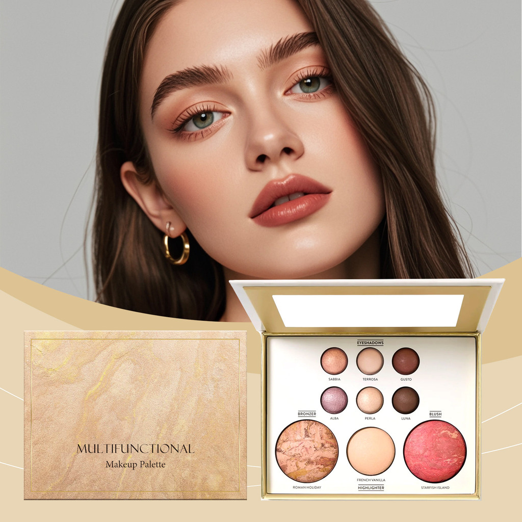 All-in-One Baked Makeup Palette พร้อมอายแชโดว์ Bronzer Blush Highlighter Buildable Shimmer Matte Fin