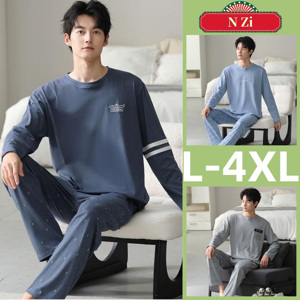 ชุดนอนผู้ชายขนาดบวก ผ้าฝ้ายแขนยาว สำหรับฤดูใบไม้ร่วงและฤดูหนาว สวมใส่ง่ายและสบาย