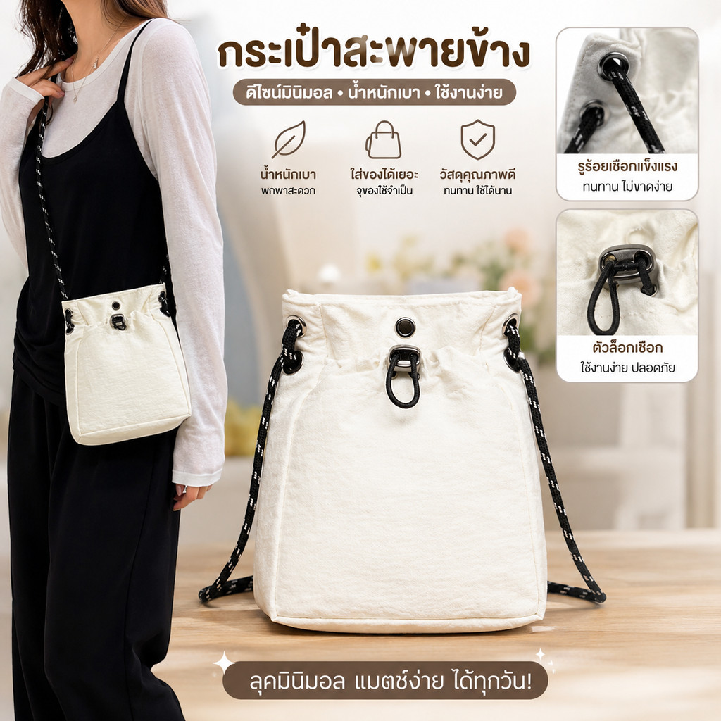 【มีสินค้าพร้อมส่ง】กระเป๋าสะพายไหล่ไนลอน แบบรูดเชือก ขนาดเล็ก น้ำหนักเบา สำหรับเดินทางและทำงาน