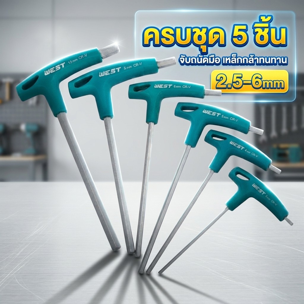 ชุด5ชิ้น ชุดประแจหกเหลี่ยมแบบ T ด้ามจับยางยาว T-Handle  ไขควงไขควงไขควงเครื่องมือ 2.5mm / 3mm / 4mm / 5mm / 6mm