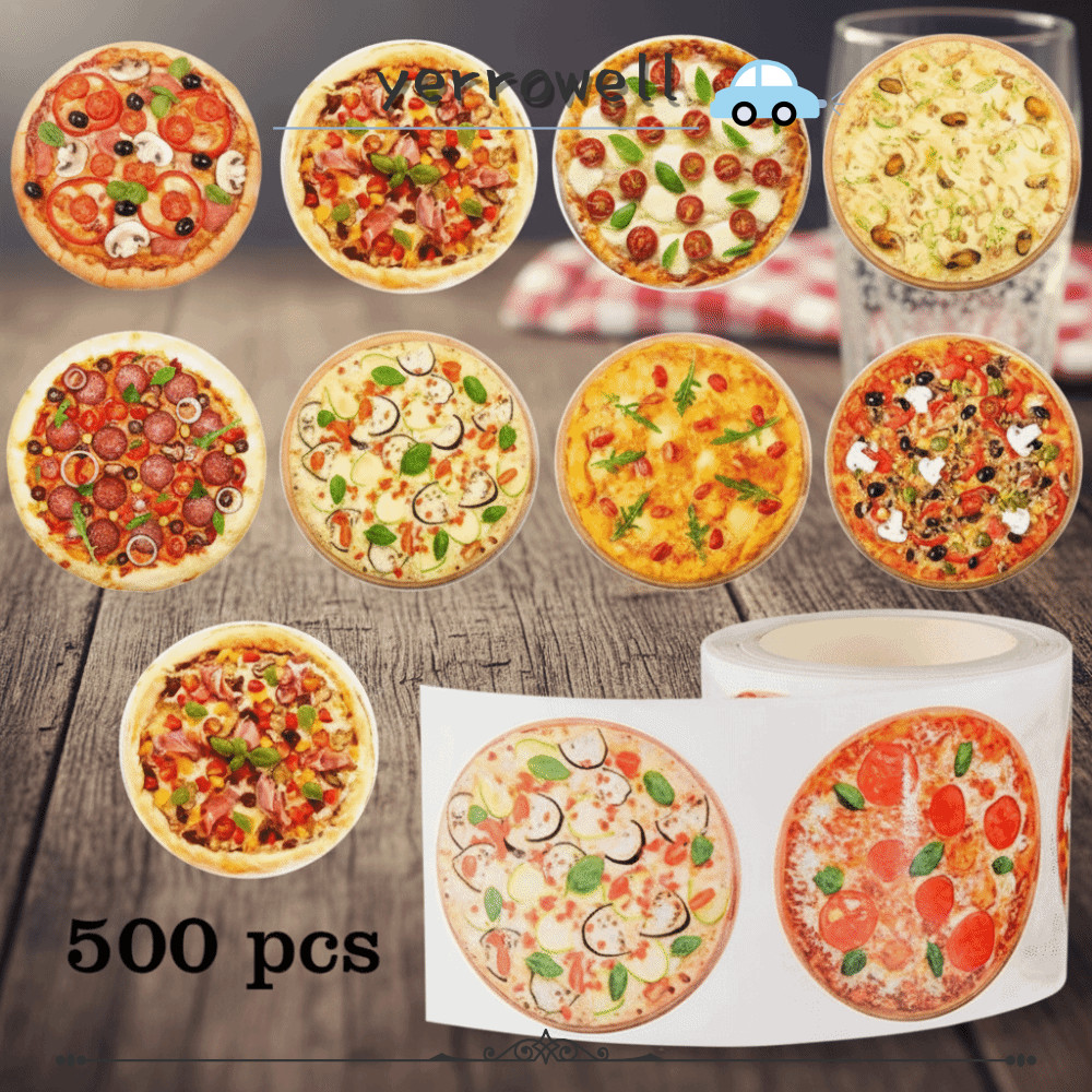 YERROWELL 500PCS สติกเกอร์พิซซ่าม้วน,กระดาษรอบสติกเกอร์พิซซ่า,น่ารัก Self กาวรูปแบบอาหารที่มีสีสัน Self กาวสติกเกอร์ Chef หมวกตกแต่ง