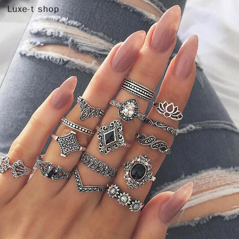 Luxe-T แหวนวินเทจ15ชิ้น/เซ็ตบุคลิกภาพพังค์โกธิคผู้ชายผู้หญิงเครื่องประดับของขวัญ