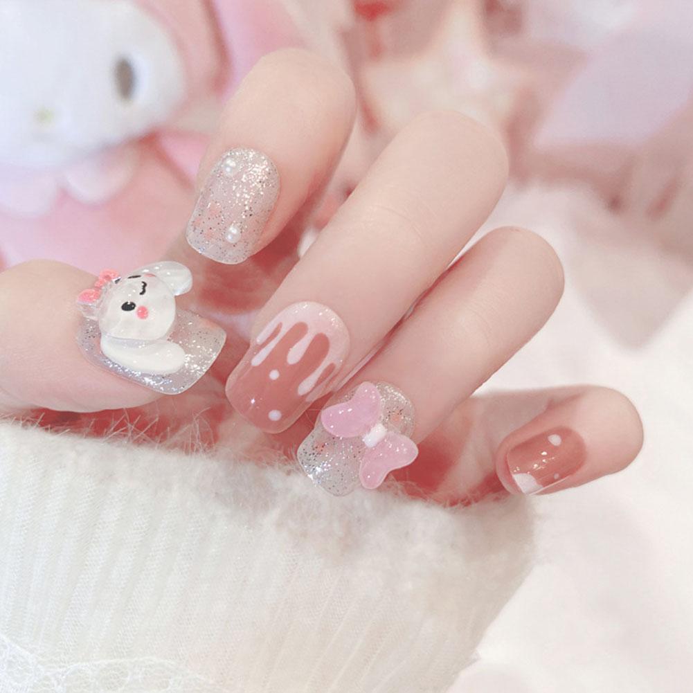 Hello Kittyy ชุดเล็บปลอม Y2k สีชมพู Shibuya สไตล์ เล็บยาว Diy Art Art Nail Art Q9t0