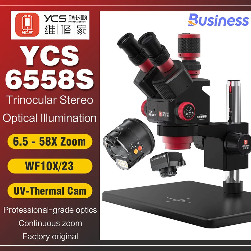 YCS 6558S HD กล้องจุลทรรศน์ Trinocular พร้อมฐาน 6.5X58 ซูม 4K กล้องชุดสําหรับโทรศัพท์มือถือ PCB เชื่