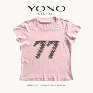 (พร้อมส่ง24ชม.) baby tee สีเบจ ลายเลข 77 ลายจุด ฟีลอเมริกันคอลเลจวินเทจ ทรงเข้ารูป ใส่ชิค