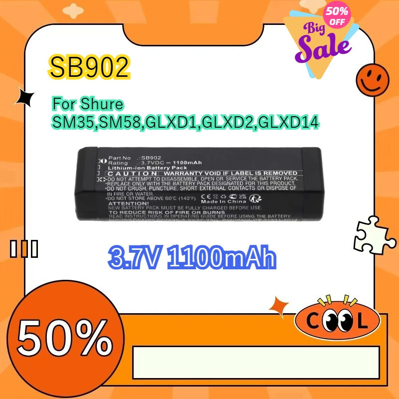 SB902 SB902A แบตเตอรี่สําหรับ Shure SM35,SM58,GLXD1,GLXD2,GLXD14 ไมโครโฟนไร้สายใหม่ Li-ion ชาร์จแพ็ค