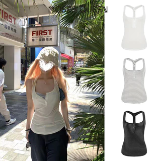 MOSESQUEEN เสื้อกล้ามคล้องคอสีขาวสาวฮอตสไตล์อเมริกันสําหรับฤดูร้อนแบบใหม่สีทึบเรียบหรู #63808