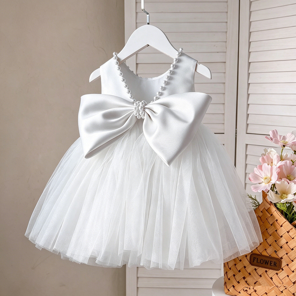 จัดส่งในพื้นที่ดอกไม้สาวชุดโบว์ไข่มุกสีขาวหรูหราวันเกิดพิธีชุดเด็กทารก Partywear งานแต่งงานชุดเจ้าหญิง