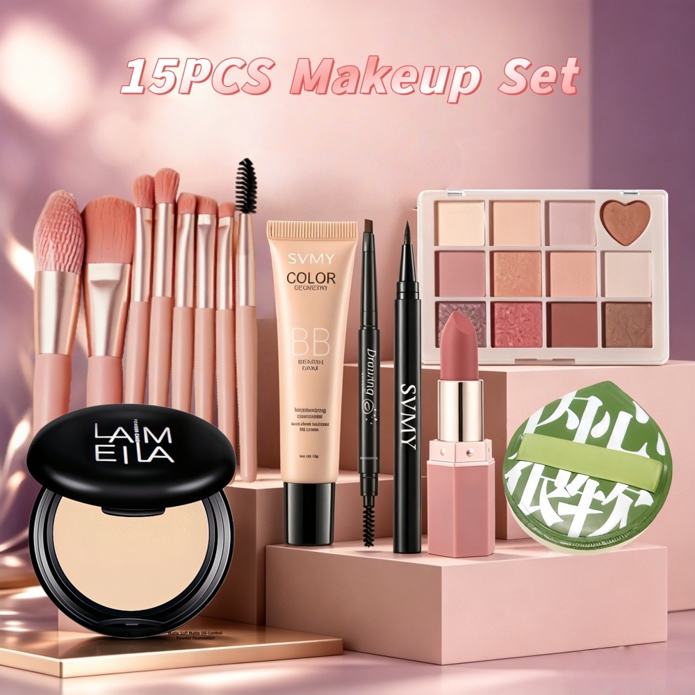 COD Makeup Set ชุดเครื่องสำอาง 15 ชิ้น ครบเซ็ตสำหรับมือใหม่แต่งหน้า 8 ด้าม BB ครีม ดินสอเขียนคิ้ว 12 เฉด
