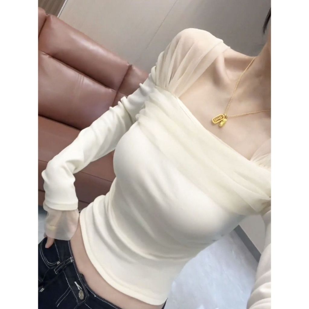 ผู้หญิงสุภาพสตรีเกาหลีรุ่นชีฟองตาข่าย Spliced เสื้อยืดแขนยาว