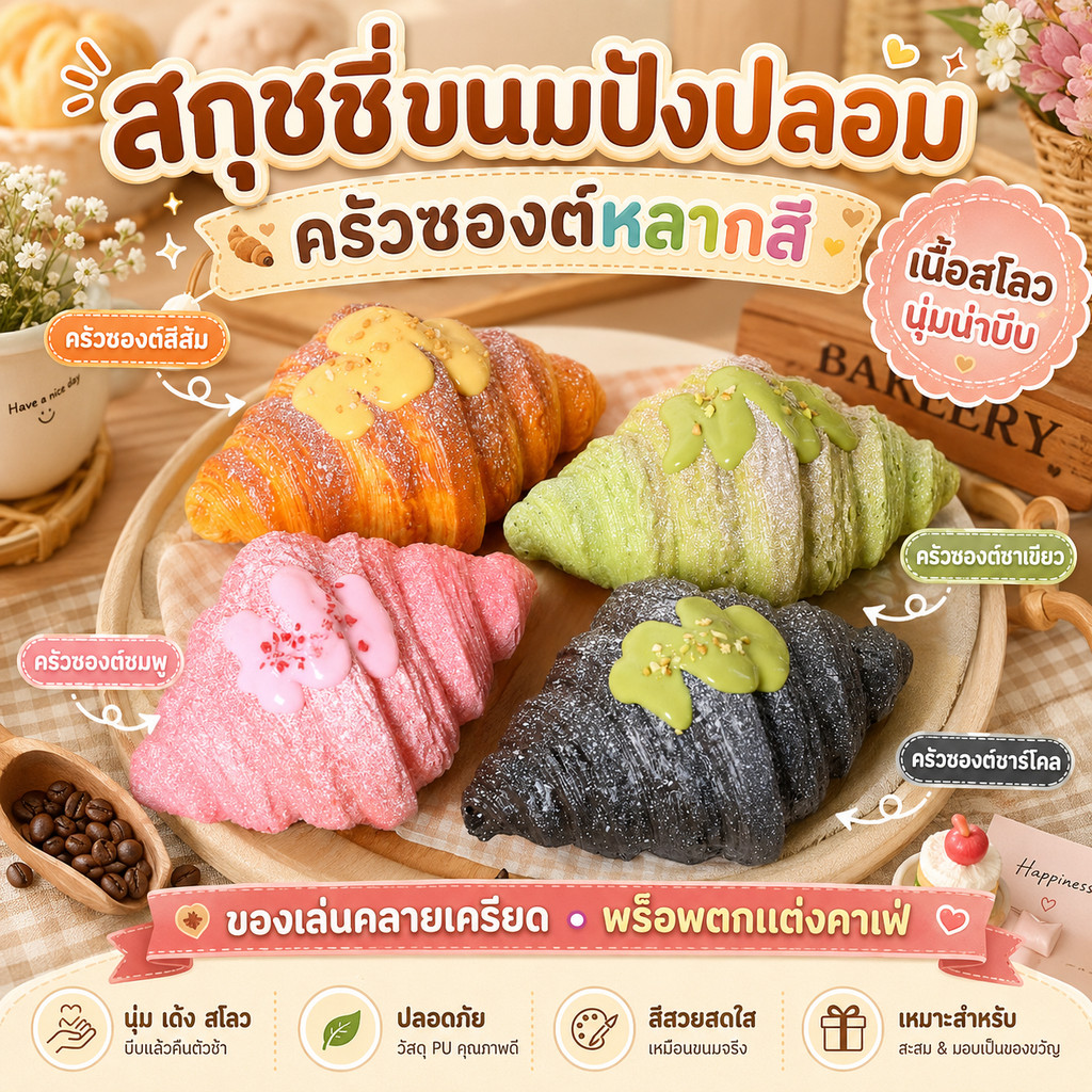 สกุชชี่ครัวซองปลอม ชิ้นใหญ่ ยืดหยุ่น ครัวซองต์หลากสี เนื้อสโลว นุ่มเด้ง บีบเพลิน น่ารักเหมือนขนมจริง บีบเล่นคลายเครียด