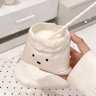 [ถุงผ้า] ถ้วยกาแฟสไตล์อินสตาแกรม 450มล ภายในเซรามิก ระดับไฮเอนด์ สำหรับลาเต้ ชานมไทย พกพาสะดวก
