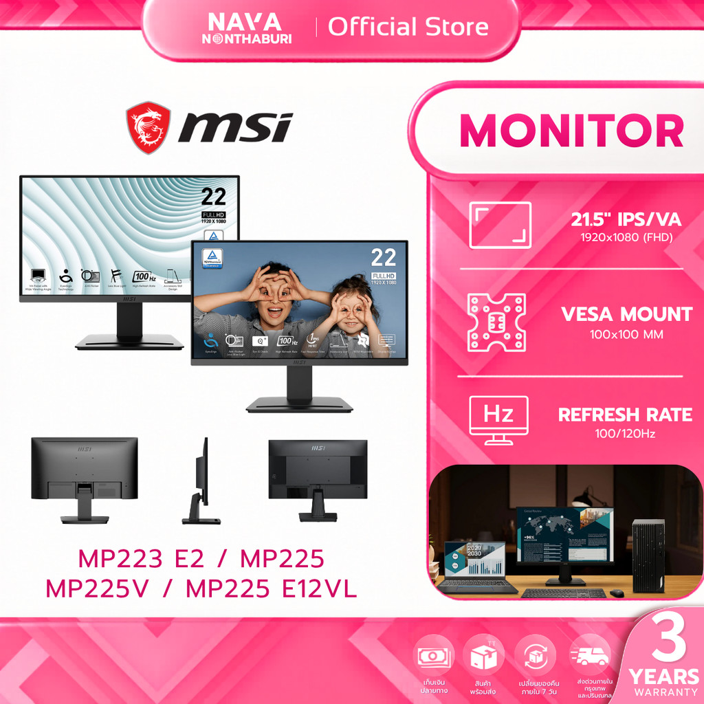 MSI MONITOR (จอมอนิเตอร์) PRO MP223 E2 / MP225 / MP225V / MP225 E12VL 22'' รับประกัน 3 ปี