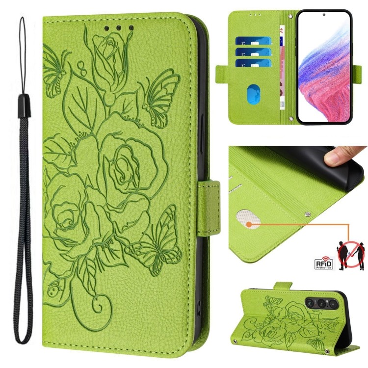 เตรียมจัดส่ง เคสโทรศัพท์หนังป้องกันการโจรกรรม RFID กุหลาบนูนสําหรับ Sony Xperia 1 VIII/Sony Xperia 5