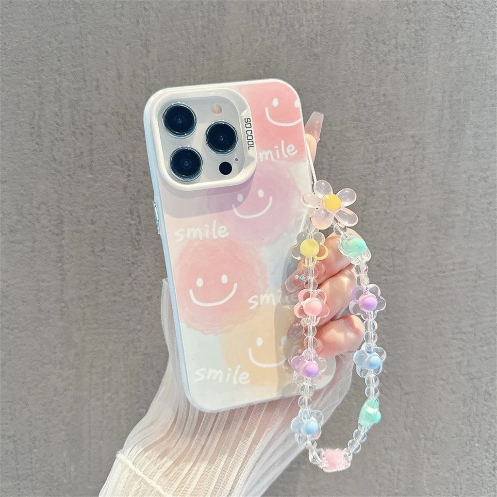 โทรศัพท์มือถือแบบมีเชือกคล้อง เหมาะสำหรับ IPhone 16 15 11 13 12 14 17 Air XR รอยยิ้มที่มีสีสัน เส้นด้ายขนนก IMD CYK1290A